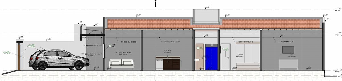 Corte longitudinal da casa mostrando, da garagem ao fundo: terraço, sala de estar e jantar, cozinha, banheiro social, quarto e suíte, com forro de gesso e telhado aparente.