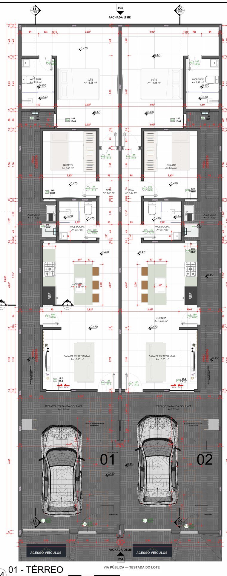 Planta baixa do térreo com as duas unidades espelhadas: da via para o fundo do lote, vaga de garagem, terraço, sala, cozinha, banheiro social e área de serviço, hall, quarto e suíte com banheiro.