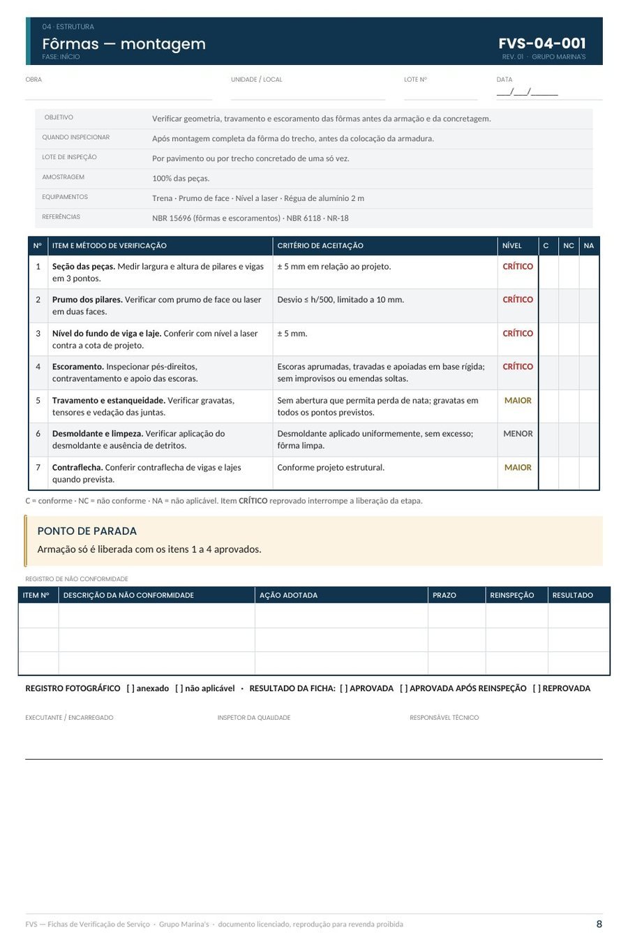 Ficha de verificação de serviço FVS-04-001, montagem de fôrmas: cabeçalho com código e fase, campos de obra e lote, tabela de sete itens com critério de aceitação e nível, ponto de parada, registro de não conformidade e assinaturas.